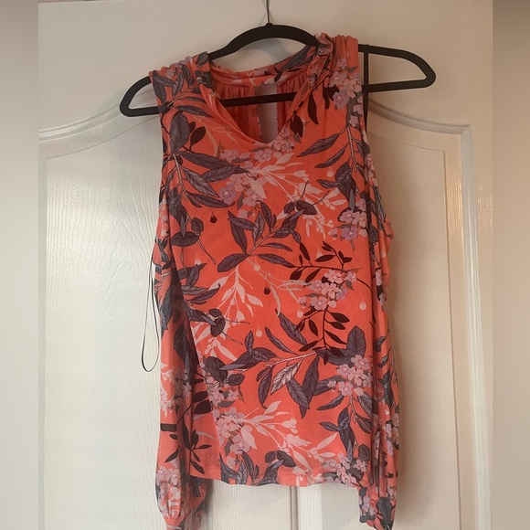 Orange tropical print BEBE high neck, cold shoulder long sleeve shirt - Picture 3 of 4